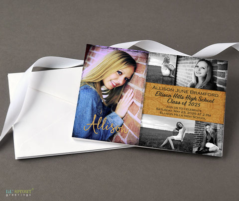 horizontal graduation announcement with one large photo on left, and on right four photos and a gold text box in center, printed with stack of white envelopes