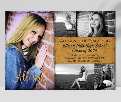 horizontal graduation announcement with one large photo on left, and on right four photos and a gold text box in center