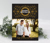 simple holiday christmas card in modern minimalist style with a single photo, black background and gold colored line drawn foliage