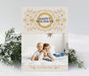 simple holiday christmas card in modern minimalist style with a single photo, cream background and gold colored line drawn foliage