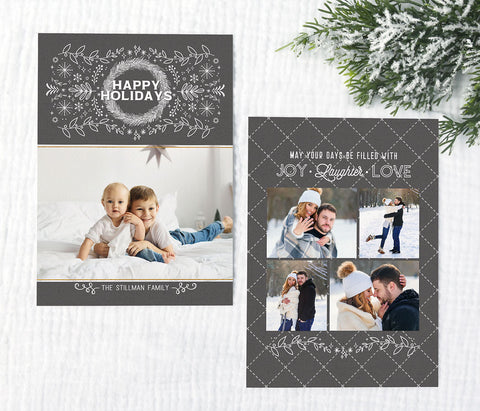 simple holiday christmas card in modern minimalist style with a single photo, gray background and white colored line drawn foliage