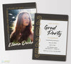 double sided graduation party invite with party details on one side and grad announcement with photo on other wise, black background, white and gold details