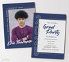 double sided graduation party invite with party details on one side and grad announcement with photo on other wise, blue background, white and gray details