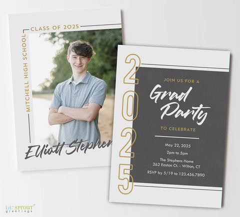 double sided graduation party invite with party details on one side and grad announcement with photo on other wise, gray background, white details