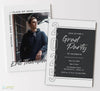 double sided graduation party invite with party details on one side and grad announcement with photo on other wise, white background, gray details