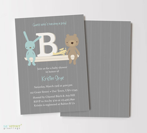 boy baby shower invitation with striped gray background, a toy shelf with letter B, blue bunny, brown bear and yellow airplane, white text, double sided