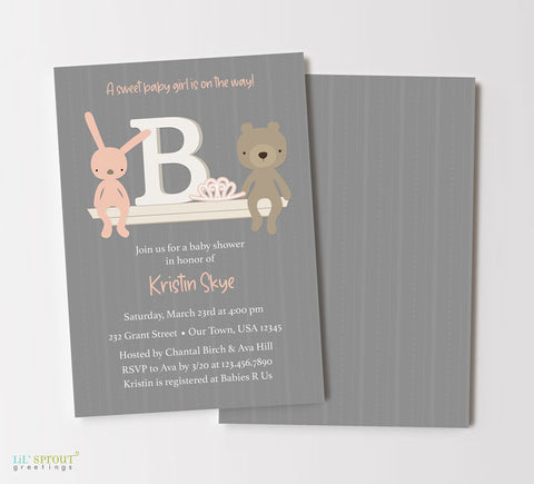 girl baby shower invitation with gray striped background, toy shelf with brown teddy bear, pink tiara, pink bunny and letter B, white text, double sided