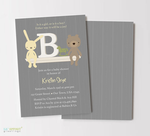 baby shower invitation in gender neutral design with gray striped background, toy shelf with letter B, yellow bunny, brown teddy bear and green rocking horse, white text, double sided