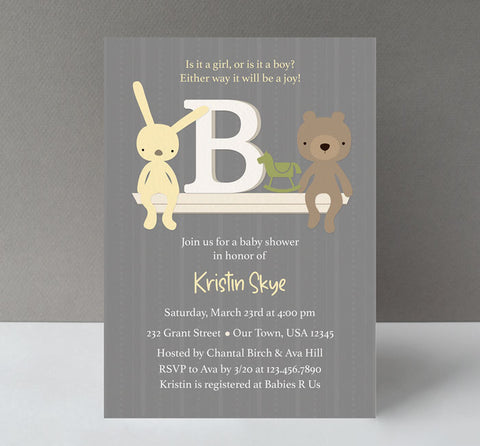 baby shower invitation in gender neutral design with gray striped background, toy shelf with letter B, yellow bunny, brown teddy bear and green rocking horse, white text