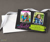 teen or tween joint birthday party invitation with neon colors on a black background and two photos, printed on cardstock