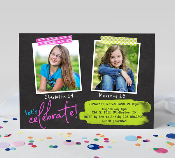 teen or tween joint birthday party invitation with neon colors on a black background and two photos