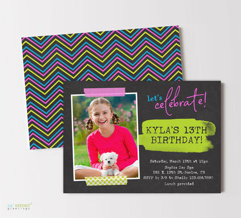 neon themed birthday party invitation with a chalkboard background, vibrant colors and a single photo of the birthday girl, double sided