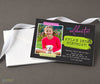 neon themed birthday party invitation with a chalkboard background, vibrant colors and a single photo of the birthday girl, printed on cardstock