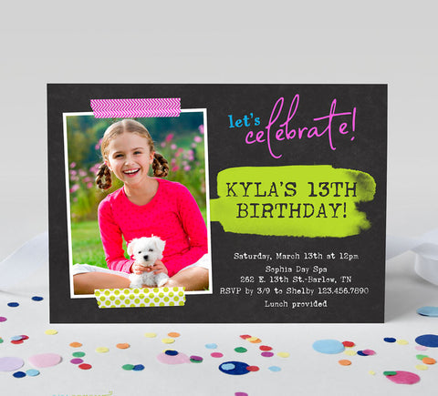 neon themed birthday party invitation with a chalkboard background, vibrant colors and a single photo of the birthday girl