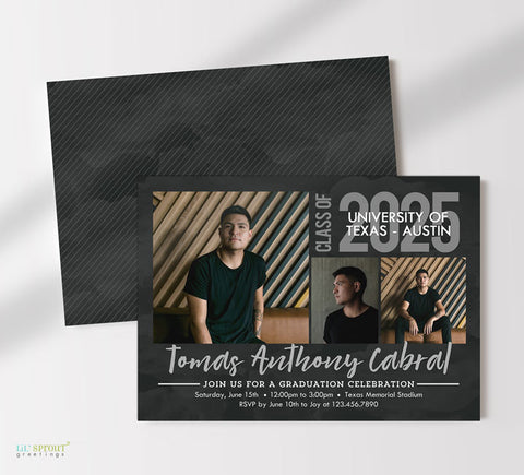 horizontal photo graduation announcement with black watercolor background, three photos, gray accents and white text, black striped background