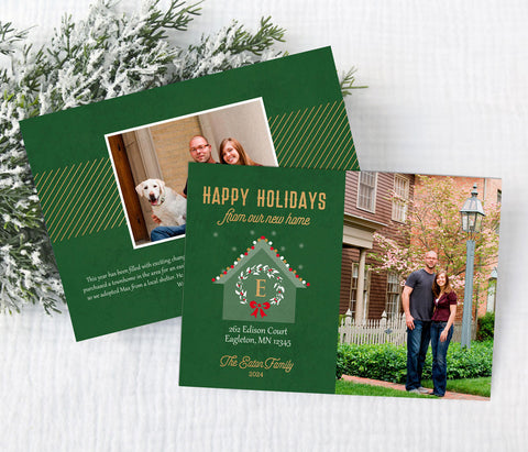 new home, moving or address change christmas photo card with green background, gold text, and a single photo