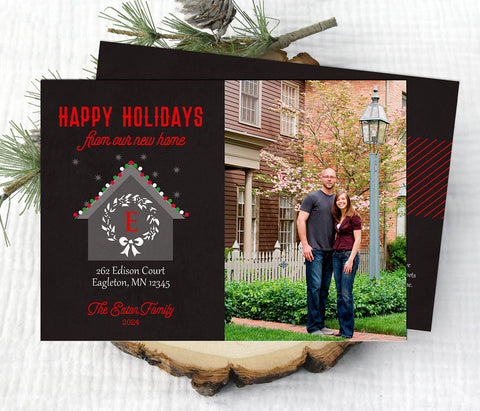 new home, moving or address change christmas photo card with black background, red text, and a single photo