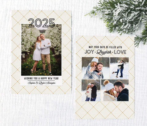 new year photo card in portrait format with cream background, patterned background and a single photo