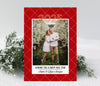 new year photo card in portrait format with red background, patterned background and a single photo