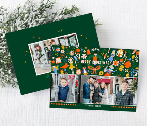 nutcracker themed christmas card with green background, colorful graphics, three photos