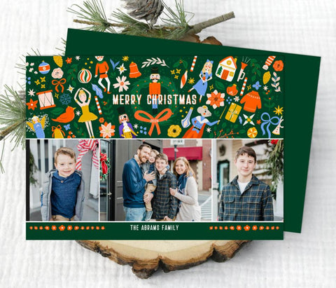 nutcracker themed christmas card with green background, colorful graphics, three photos