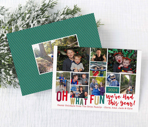 holiday photo card with christmas shades of red and green, and ten collage style photos, back side is green with gold stripes