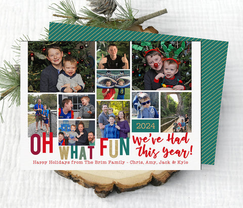 holiday photo card with christmas shades of red and green, and ten collage style photos, back side is green with gold stripes