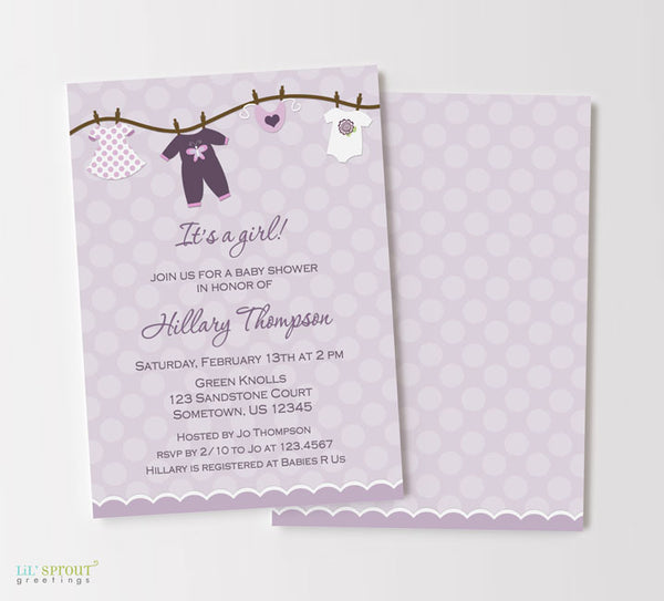 girl baby shower invitation with lavender polka dot background and clothesline of baby clothing along top and purple text, double sided