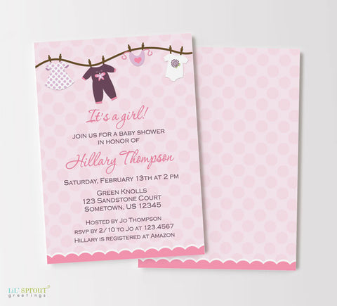 girl baby shower invitation with pink polka dot background and clothesline of baby clothing along top and purple text