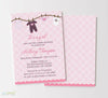 girl baby shower invitation with pink polka dot background and clothesline of baby clothing along top and purple text