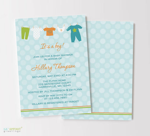 boy baby shower invitation with light blue polka dot background, teal text, clothesline of baby laundry along top in orange, white, green and teal, double sided