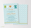 boy baby shower invitation with light blue polka dot background, teal text, clothesline of baby laundry along top in orange, white, green and teal, double sided