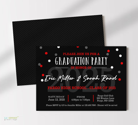 open house or graduation party invitation with black background, white text and red accents, striped black background