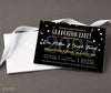 graduation or open house party invitation in black and gold printed on cardstock with a stack of white envelopes.