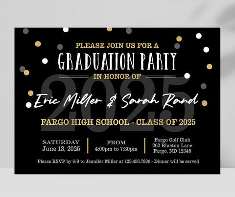 open house graduation party invitation with black background, white and gold text and confetti