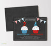 red white and blue themed birthday invitation with cupcakes and bunting on a black chalkboard background, double sided