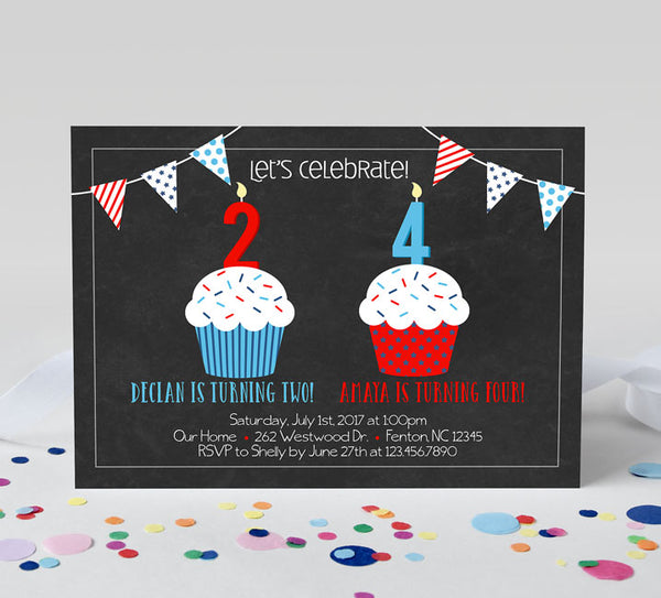 red white and blue themed birthday invitation with cupcakes and bunting on a black chalkboard background. 