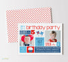 summer sibling birthday invitation for two kids in a red white and blue theme with color blocks for text and two photos, back side with red star pattern