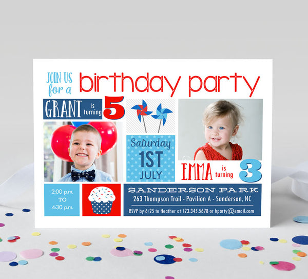 summer sibling birthday invitation for two kids in a red white and blue theme with color blocks for text and two photos