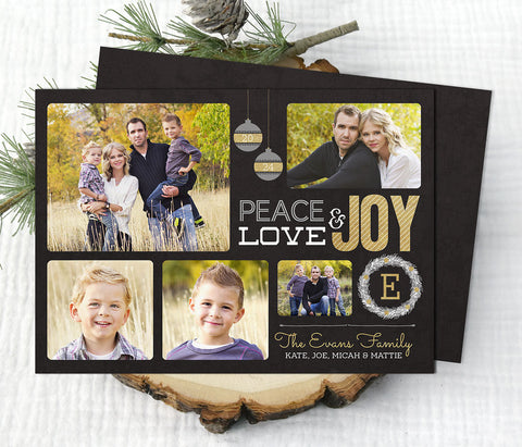 peace love joy christmas photo card with five photos, black background, white and gold text and holiday graphics