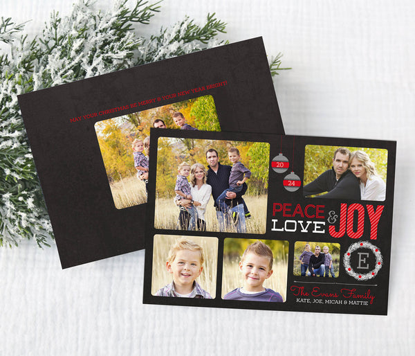 peace love joy christmas photo card with five photos, black background, white and red text and holiday graphics