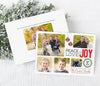 peace love joy christmas photo card with five photos, white background, red and green text and holiday graphics