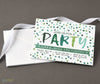 party invitation with white background and watercolored text and confetti in shades of green, printed on cardstock