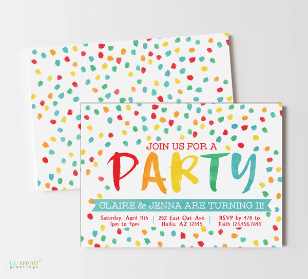 party invitation with white background and watercolored text and confetti in rainbow colors, double sided