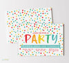 party invitation with white background and watercolored text and confetti in rainbow colors, double sided