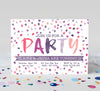 party invitation with white background and watercolored text and confetti in shades of pink and purple