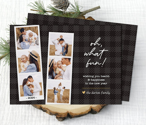 christmas photo card with black plaid background, two photo strips featuring a total of 6 photos, white "oh what fun" text, printable digital file