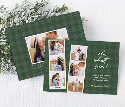 christmas photo card with green plaid background, two photo strips featuring a total of 6 photos, white "oh what fun" text, matching back side, printable digital file