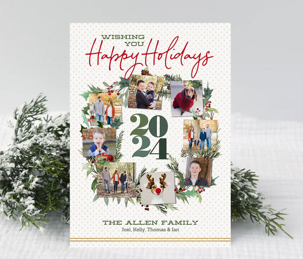 christmas or holiday card with a white polka dot background, a watercolor painted wreath graphic with eight photos set on wreath. the year is placed in the center of the wreath