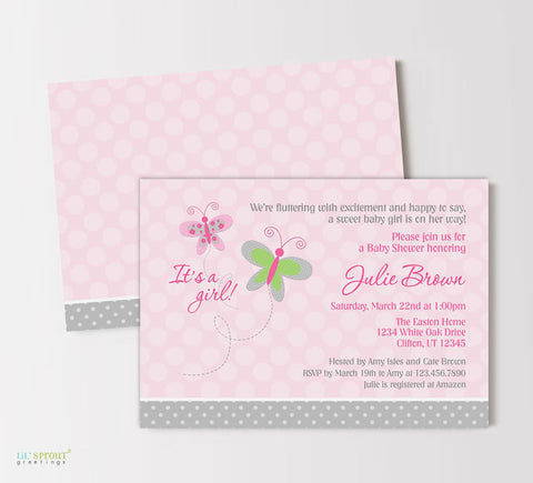 girl baby shower invitation with light pink polka dot background, gray polka dot bottom, butterflies and pink text, double sided